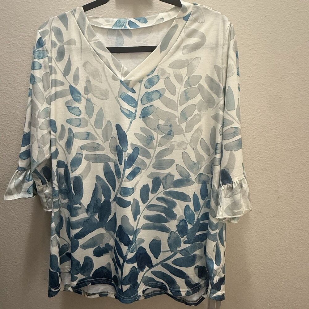 Lomon Women's XL Blouse Top Shirt 3/4 Sleeve V-Neck Floral Abstract Blue/gray
